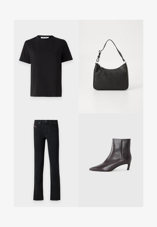 T-shirt preto de manga curta feito de algodão suave, com decote redondo, ajuste descontraído e uma textura suave. Sem padrões ou gráficos visíveis.; Calças de ganga pretas com um corte reto, apresentando cinco bolsos e detalhes de costura discretos. O tecido tem uma textura suave e desbotamento mínimo.; Bota de couro preta até o tornozelo com bico fino e salto baixo estilo kitten, acabamento liso, com fecho lateral, apresentada sobre um fundo neutro.; Mala de mão em couro preto com formato curvo, uma alça, fecho em zip e uma marcação discreta na frente. Textura suave, design minimalista.