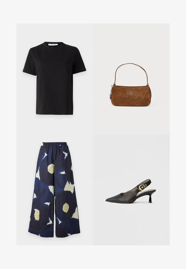 Černé tričko s krátkým rukávem vyrobené z měkké bavlny, s kulatým výstřihem, volným střihem a hladkým povrchem. Žádné viditelné vzory ani grafika.; Modré a krémové vzorované kalhoty s širokými nohavicemi a elastickým pasem. Materiál se zdá být lehký a texturovaný. Obsahuje nepravidelné tvary po celém povrchu.; Černý slingback vysoký podpatek s špičatou špičkou, hladkým koženým povrchem a zlatým přezkovým akcentem na pásku.; Hnědá nubuková kabelka s krátkým popruhem. Obsahuje stříbrné logo, akcent hvězdy a hladkou texturu. Kompaktní obdélníkový tvar.