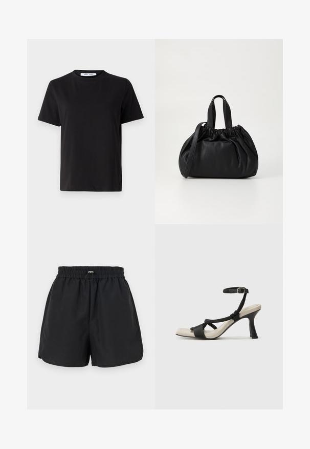 Zwart T-shirt met korte mouwen, gemaakt van zachte katoen, met een ronde hals, een ontspannen pasvorm en een gladde textuur. Geen zichtbare patronen of opdrukken.; Zwarte shorts met een elastische tailleband, trekkoorddetail en zijknopen. Gemaakt van lichte stof, biedt een relaxte pasvorm.; Zwarte hoge hak sandaal met een gevlochten bandontwerp, vierkante teen en verstelbare enkelband. Lichtbeige voetbed met een glanzende zwarte hak.; Zwarte leren handtas met een geplooid ontwerp aan de bovenkant, voorzien van twee korte handvatten en een lange verstelbare schouderband. Gladde textuur, ronde vorm.