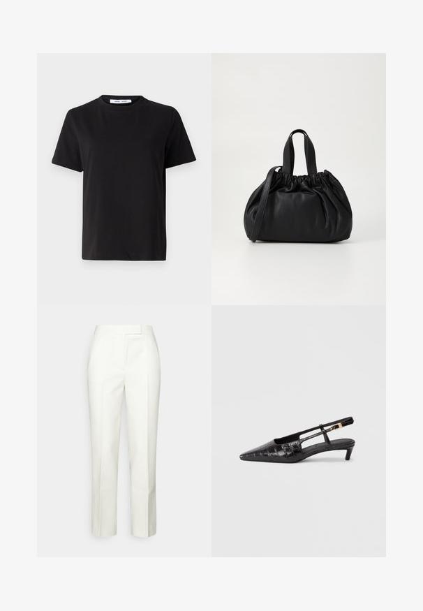 Czarny t-shirt z krótkim rękawem wykonany z miękkiej bawełny, z okrągłym dekoltem, luźnym krojem i gładką fakturą. Bez widocznych wzorów ani grafik.; Białe spodnie o dopasowanym kroju z prostymi nogawkami, charakteryzujące się gładką teksturą i minimalistycznym pasem w talii bez widocznych elementów metalowych.; Czarne skórzane buty na obcasie w kształcie szpica, z teksturą krokodyla, małym, stawianym obcasem oraz regulowanym paskiem z metalliczną klamrą.; Czarna skórzana torebka z zebranym wykończeniem, z dwoma krótkimi uchwytami i długim regulowanym paskiem. Gładka tekstura, zaokrąglony kształt.