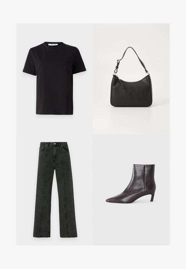 Tricou negru cu manșon scurt, fabricat din bumbac moale, având un guler rotund, o croială lejeră și o textură netedă. Fără modele sau grafice vizibile.; Blugi largi, cu talie înaltă, din denim gri închis. Au un design clasic cu cinci buzunare și cusături vizibile de-a lungul cusăturilor din față.; Botine negre din piele, cu vârf ascuțit și toc mic, cu finisaj neted, fermoar lateral, prezentate pe un fundal neutru.; Geantă de mână din piele neagră, cu o formă curbată, curea unică, închidere cu fermoar și un branding subtil pe față. Textură fină, design minimalist.