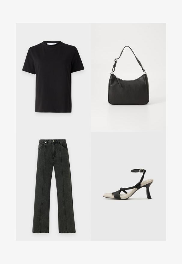 Must have lühikeste varrukatega t-särk, mis on valmistatud pehmest puuvillast, ümmarguse kaelusega, lõdva sobivusega ja sileda tekstuuriga. Ei ole nähtavaid mustreid ega graafikat.; Kõrge vöökohaga laia säärega teksad tumehallist denimist. Omavad klassikalist viie taskuga disaini ja nähtavat õmblust esiõmbluste ääres.; Mustad musta kontsaga sandaal, millel on punutud rihma disain, ruudukujuline varvas ja reguleeritav pahkluu rihm. Heleda beeži värvi jalapadi ja läikiv must konts.; Must musta käekott, millel on kumer kuju, üks rihm, lukuga sulgemine ja peen brändimine esiküljel. Sile tekstuur, minimalistlik disain.