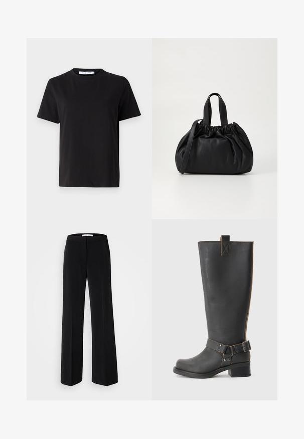 Schwarzes T-Shirt mit kurzen Ärmeln aus weicher Baumwolle, mit rundem Ausschnitt, lockerer Passform und glatter Textur. Keine sichtbaren Muster oder Grafiken.; Schwarze, weite Hosen mit glatter Textur, ausgestattet mit einem taillierten Bund und minimalistischem Design. Keine sichtbaren Muster oder Akzente.; Schwarze Leder-Stiefel bis zum Knie mit strukturiertem Finish, seitlichem Schnallenakzent und niedrigem Absatz. Detaillierte Steppnähte entlang der Nähte.; Schwarze Lederhandtasche mit einem gerafften Oberteil, ausgestattet mit zwei kurzen Griffen und einem langen verstellbaren Schulterriemen. Glatte Textur, runde Form.