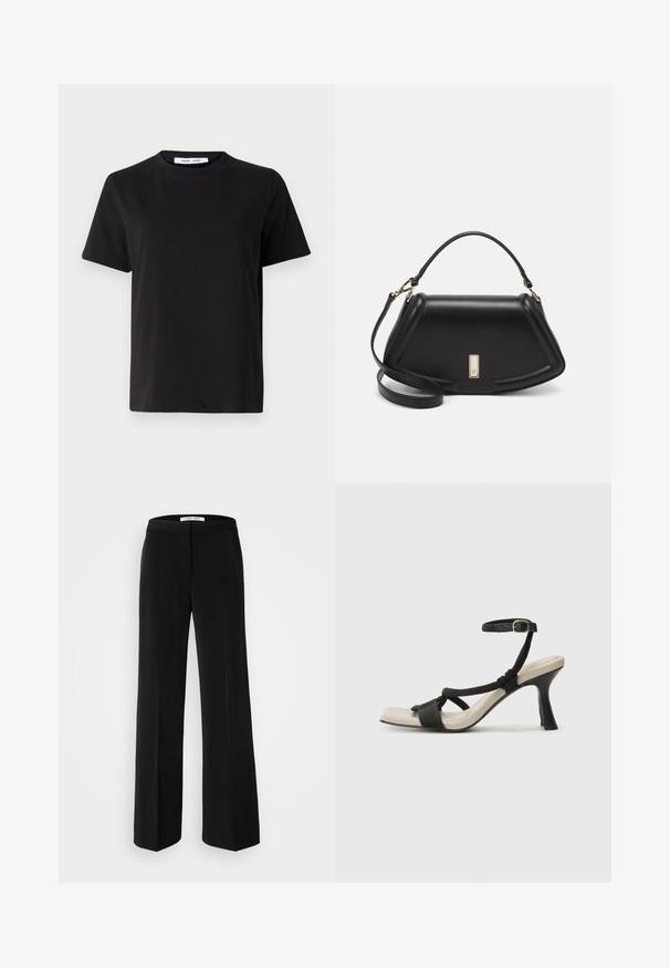 Črna majica s kratkimi rokavi iz mehkega bombaža, ki ima okroglo izrezovanje, udoben kroj in gladko teksturo. Brez vidnih vzorcev ali grafike.; Črne široke hlače z gladko teksturo, ki imajo prilegajoč pas in minimalističen slog. Brez vidnih vzorcev ali posvetlitev.; Črne sandale na visoki peti z prepletenim trakom, kvadratnim nosom in nastavljivim gležnjenjem. Svetlo bež podplat z sijajno črno peto.; Črna usnjena torbica s strukturnim dizajnom, ki ima skrajšano obliko, zgornji ročaj in zlate dodatke. Vključena je nastavljiva ramenska naramnica.