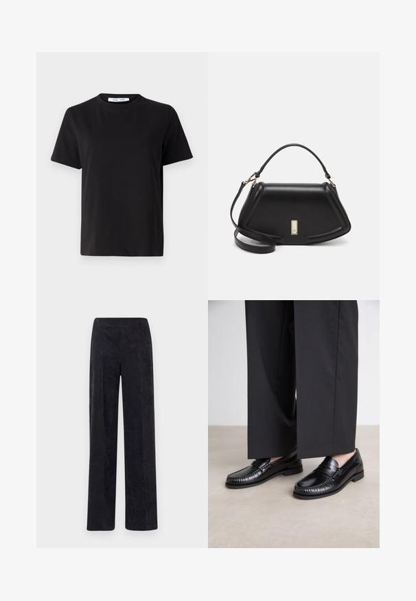 T-shirt noir à manches courtes en coton doux, avec un col rond, une coupe décontractée et une texture lisse. Pas de motifs ni de graphiques visibles.; Pantalon en velours côtelé gris foncé avec une coupe droite, présentant une surface texturée en côtes et une taille élastique pour plus de confort.; Mocassins en cuir noir avec une finition lisse, descoutures autour de l'orteil et une semelle en caoutchouc basse. Assortis à un pantalon large noir.; Sac à main en cuir noir avec un design structuré, featuring une forme cropped, une poignée supérieure et des accents en matériel doré. Bandoulière réglable incluse.