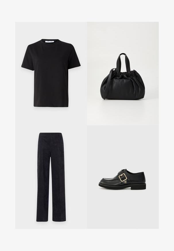 Schwarzes T-Shirt mit kurzen Ärmeln aus weicher Baumwolle, mit rundem Ausschnitt, lockerer Passform und glatter Textur. Keine sichtbaren Muster oder Grafiken.; Dunkelgraue Cordhosen mit geradem Bein, ausgestattet mit einer strukturierten, gerippten Oberfläche und einem elastischen Bund für zusätzlichen Komfort.; Schwarzer Lederschuh mit runder Spitze, ausgestattet mit einer goldenen Schnalle und einer flachen Gummisohle. Glatte Textur mit dezenten Nähdetails.; Schwarze Lederhandtasche mit einem gerafften Oberteil, ausgestattet mit zwei kurzen Griffen und einem langen verstellbaren Schulterriemen. Glatte Textur, runde Form.