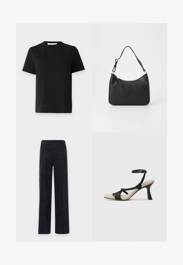 T-shirt preto de manga curta feito de algodão suave, com decote redondo, ajuste descontraído e uma textura suave. Sem padrões ou gráficos visíveis.; Calças de veludo cotelê em cinza escuro com um design de perna reta, apresentando uma superfície texturada e uma cintura elástica para conforto.; Sandal com salto alto preto e design de tiras trançadas, bico quadrado e tira de tornozelo ajustável. Sola em tom bege claro com um salto preto brilhante.; Mala de mão em couro preto com formato curvo, uma alça, fecho em zip e uma marcação discreta na frente. Textura suave, design minimalista.