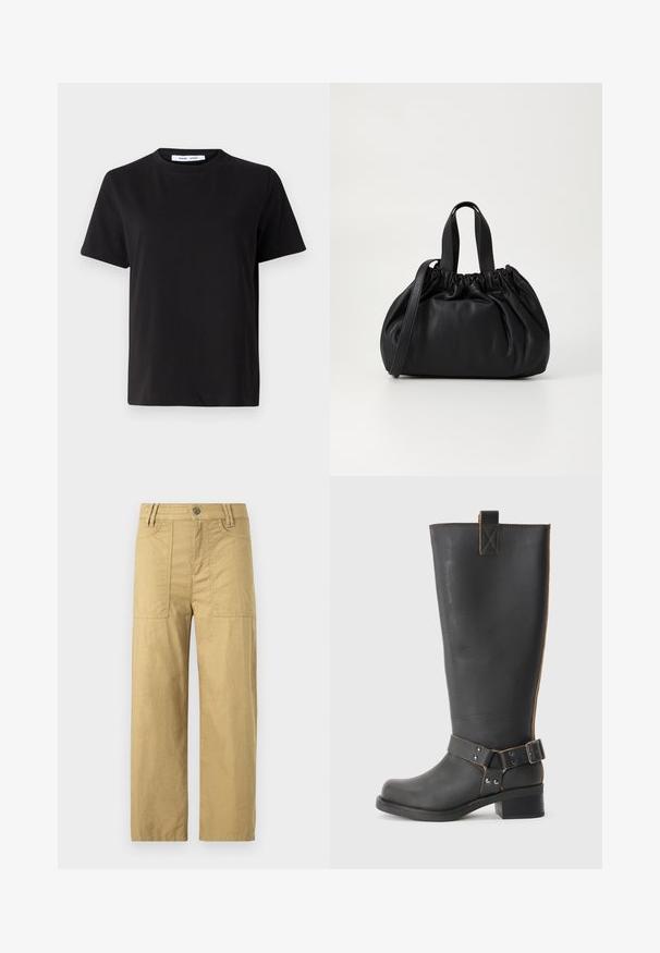 Camiseta negra de manga corta hecha de algodón suave, con un cuello redondo, corte relajado y una textura lisa. Sin patrones ni gráficos visibles.; Pantalones cargo de algodón beige con una cintura alta, dos bolsillos frontales y un corte relajado. Presentan un cierre con gancho y cremallera en la parte delantera.; Bota de cuero negro hasta la rodilla con un acabado texturizado, que presenta un acento de hebilla lateral y un tacón bajo. Costura detallada a lo largo de las costuras.; Bolso de mano de cuero negro con un diseño de parte superior fruncida, que cuenta con dos asas cortas y una correa larga ajustable. Textura suave, forma redondeada.