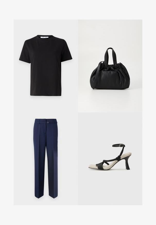 Tricou negru cu manșon scurt, fabricat din bumbac moale, având un guler rotund, o croială lejeră și o textură netedă. Fără modele sau grafice vizibile.; Pantaloni tailorizați de culoare bleumarin, cu un design drept, având o textură netedă și un mic accent în formă de inimă pe talie.; Sandal cu toc negru, cu design de curea împletită, vârf pătrat și curea de gleznă ajustabilă. Tălpică de un bej deschis și toc negru lucios.; Geantă de mână din piele neagră cu un design cu partea superioară plisată, având două mânere scurte și o curea lungă ajustabilă. Textură netedă, formă rotunjită.