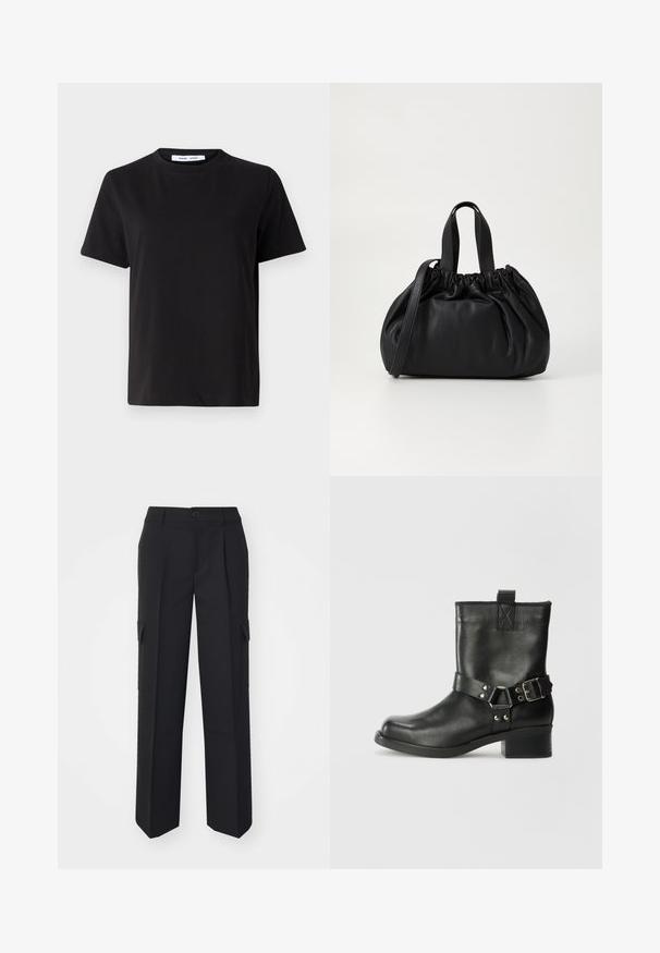 Fekete, rövid ujjú póló, puha pamutból készült, kerek nyakkivágással, laza szabással és sima textúrával. Nincs látható minta vagy grafikák.; Fekete cargo nadrág egyenes szabású dizájnnal, oldalsó zsebekkel, elülső gombos záródással, és struktúrált anyagból készült.; Samsøe Samsøe SABRENTA - Cowboy/motoros bokacsizma - black; Fekete bőr kézitáska, összegyűrt felső dizájnnal, két rövid fülekkel és egy hosszú, állítható pánttal. Simább textúra, lekerekített forma.