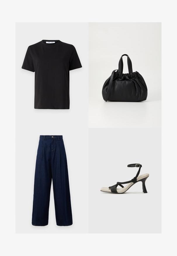 Čierne tričko s krátkym rukávom vyrobené z mäkkej bavlny, s okrúhlym výstrihom, uvoľneným strihom a hladkou štruktúrou. Žiadne viditeľné vzory ani grafika.; Tmavomodré riflové nohavice s širokými nohavicami, vysokým pásom, preloženým predným dielom a klasickým zapínaním na gombík, so bočnými vreckami a kontrastným prešívaním.; Čierne sandále na podpätku s pleteným pásikom, štvorcovou špičkou a nastaviteľným remienkom okolo členka. Svetlobéžová stielka s lesklým čiernym podpätkom.; Čierna kožená kabelka so zberaným vrchom, s dvoma krátkymi držadlami a dlhým nastaviteľným popruhom. Hladká textura, zaoblený tvar.