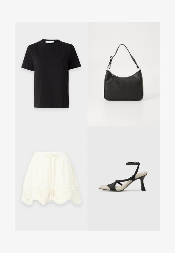 Must have lühikeste varrukatega t-särk, mis on valmistatud pehmest puuvillast, ümmarguse kaelusega, lõdva sobivusega ja sileda tekstuuriga. Ei ole nähtavaid mustreid ega graafikat.; Valged puuvillased lühikesed püksid, elastsest vöökoht ja tõmbluku nööriga, lillemotiivse tikandi ja sakilise äärisega, millel on lõike-detailid.; Mustad musta kontsaga sandaal, millel on punutud rihma disain, ruudukujuline varvas ja reguleeritav pahkluu rihm. Heleda beeži värvi jalapadi ja läikiv must konts.; Must musta käekott, millel on kumer kuju, üks rihm, lukuga sulgemine ja peen brändimine esiküljel. Sile tekstuur, minimalistlik disain.