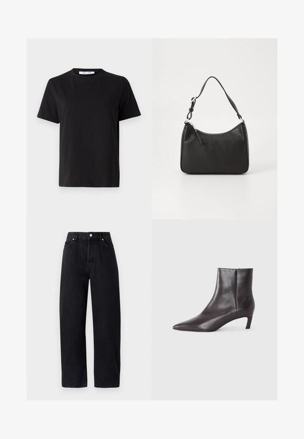 Svart kortermet t-skjorte laget av myk bomull, med rund hals, avslappet passform og en jevn tekstur. Ingen synlige mønstre eller grafikk.; Høyt liv, rette ben svart denim jeans med fem lommer, metallnitter og ton-i-ton søm. Glatt tekstur, minimalistisk design.; Svart lær ankelstøvlett med spiss tå og lav kitten hæl, jevn finish, glidelås på siden, vist på en nøytral bakgrunn.; Svart lærveske med en buet form, en enkelt stropp, glidelåslukking og subtil merkevarebygging på forsiden. Glatt tekstur, minimalistisk design.