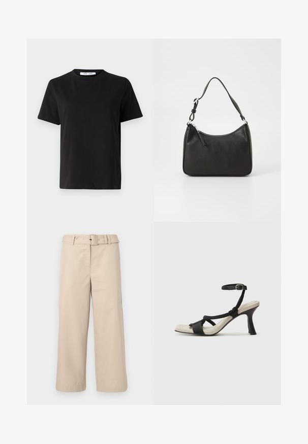 Crna kratka majica s kratkim rukavima od mekanog pamuka, s okruglim izrezom, opuštenim krojem i glatkom teksturom. Nema vidljivih uzoraka ili grafike.; Bež hlače širokih nogavica od gladke tkanine. Imaju struk s remenom i dva bočna džepa. Čiste šavove i završeni rub.; Crne sandale na visokom potpetici s dizajnom pletenih trakica, kvadratnim vrhom i podešivom trakicom oko gležnja. Svijetlosmeđi ulošci s sjajnim crnim potpeticama.; Crna kožna torba s zakrivljenim oblikom, jednim remenom, zatvaranjem na patentni zatvarač i suptilnim brendiranjem sprijeda. Glatka tekstura, minimalistički dizajn.