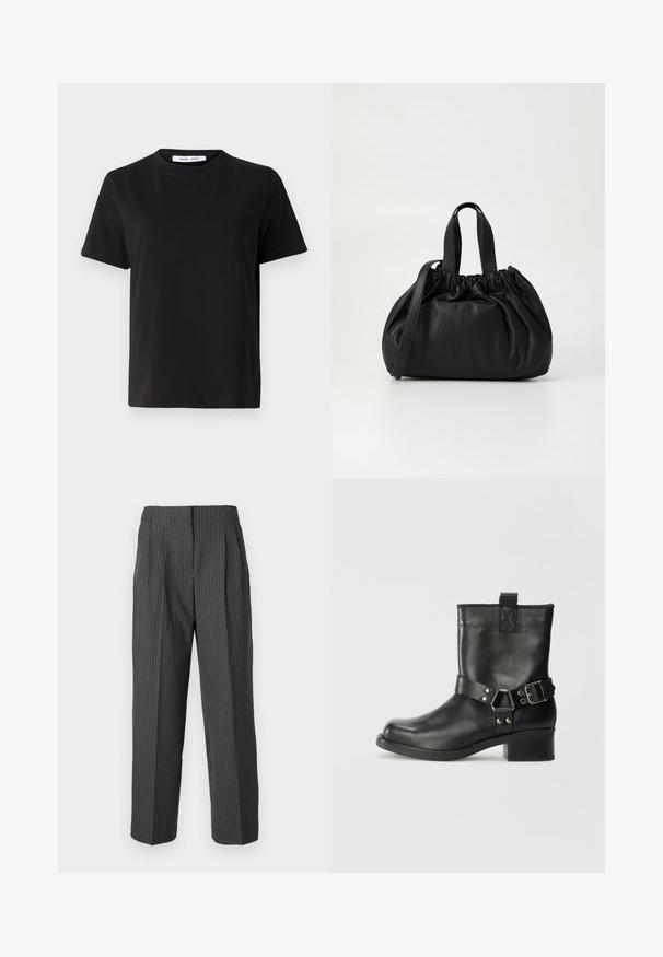 Czarny t-shirt z krótkim rękawem wykonany z miękkiej bawełny, z okrągłym dekoltem, luźnym krojem i gładką fakturą. Bez widocznych wzorów ani grafik.; 2nd Day CARTER ciemnoszary; Samsøe Samsøe SABRENTA czarny; Czarna skórzana torebka z zebranym wykończeniem, z dwoma krótkimi uchwytami i długim regulowanym paskiem. Gładka tekstura, zaokrąglony kształt.