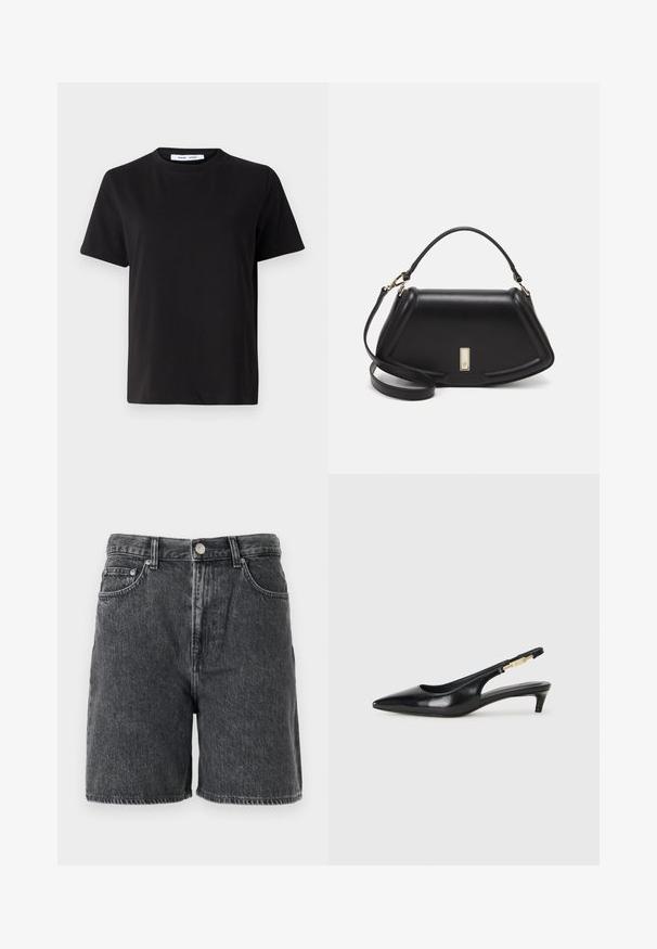 Svart kortärmad t-shirt i mjuk bomull, med rund halsringning, avslappnad passform och en mjuk yta. Inga synliga mönster eller tryck.; Svart tvättade denimshorts med bältesöglor, knapp fram, dragkedjestängning och klassisk fem-fickorsdesign.; Svart läder slingback-hälar med spetsig tå, med en smal klack och en guldtonad detalj på den justerbara remmen. Slät textur.; Svart läderhandväska med en strukturerad design, som har en avskuren form, ett handtag upptill och guldiga detaljer. Justerbar axelrem ingår.
