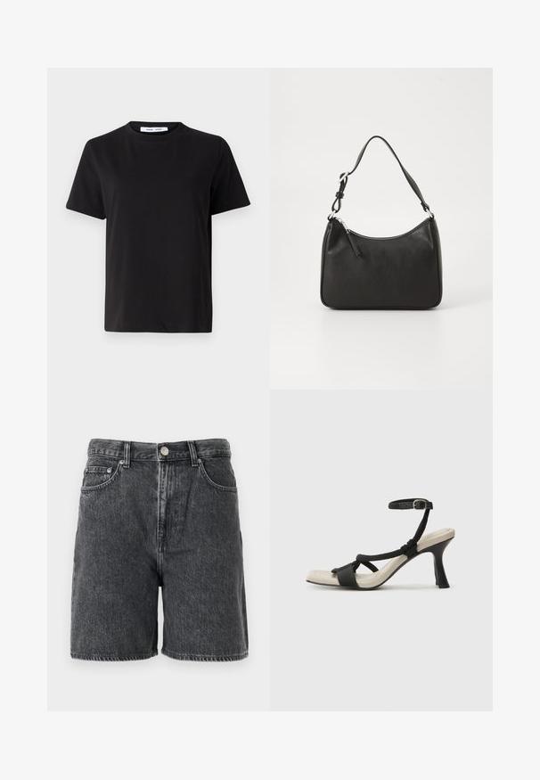 T-shirt noir à manches courtes en coton doux, avec un col rond, une coupe décontractée et une texture lisse. Pas de motifs ni de graphiques visibles.; Shorts en denim noir délavé avec passants de ceinture, bouton avant, fermeture éclair, et design classique à cinq poches.; Sandale à talon noir avec un design de brides tressées, bout carré et bride de cheville réglable. Semelle intérieure beige claire avec un talon noir brillant.; Sac à main en cuir noir avec une forme courbée, une seule sangle, fermeture éclair et un logo discret à l'avant. Texture lisse, design minimaliste.