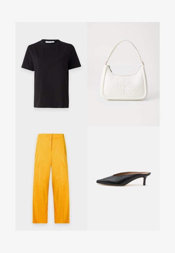 Zwart T-shirt met korte mouwen, gemaakt van zachte katoen, met een ronde hals, een ontspannen pasvorm en een gladde textuur. Geen zichtbare patronen of opdrukken.; Felgeel wijde broek van gladde stof, met een strak ontwerp, voorkreukels en een platte tailleband.; Zwarte leren muiltjes met een puntige neus en een lage, blokhak. Glad oppervlak met een gestroomlijnd ontwerp. Open achterkant met minimale details.; Witte lederen handtas met een gebogen vorm, voorzien van een reliëf "CK" logo aan de voorkant en een enkele schouderriem. Ritsluiting aan de bovenkant.