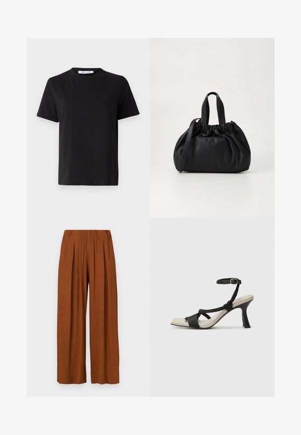 Camiseta negra de manga corta hecha de algodón suave, con un cuello redondo, corte relajado y una textura lisa. Sin patrones ni gráficos visibles.; Pantalones de pierna ancha en naranja quemado, con una tela texturizada, una cintura elástica y pliegues frontales para un ajuste relajado.; Sanda¡ía de tacón negro con diseño de tira trenzada, punta cuadrada y correa ajustable en el tobillo. Plantilla de color beige claro con un tacón negro brillante.; Bolso de mano de cuero negro con un diseño de parte superior fruncida, que cuenta con dos asas cortas y una correa larga ajustable. Textura suave, forma redondeada.