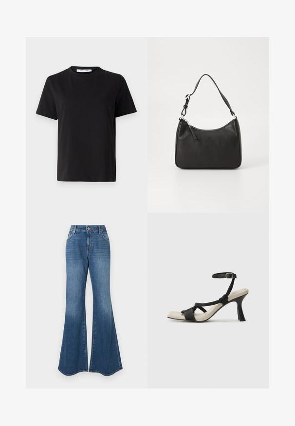 Black short-sleeve t-shirt made of soft cotton, featuring a round neckline, relaxed fit, and a smooth texture. No visible patterns or graphics.; Blue flared jeans featuring a classic denim material, high waist, and subtle fading with a wide ankle opening, no visible embellishments.; Black heeled sandal with braided strap design, square toe, and adjustable ankle strap. Light beige footbed with a glossy black heel.; Black leather handbag with a curved shape, a single strap, zip closure, and subtle branding on the front. Smooth texture, minimalist design.