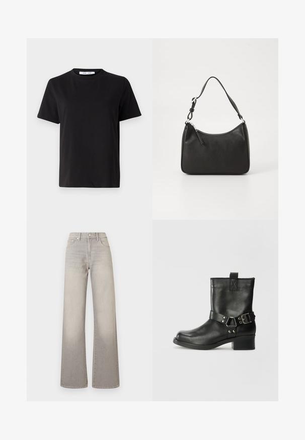 Must have lühikeste varrukatega t-särk, mis on valmistatud pehmest puuvillast, ümmarguse kaelusega, lõdva sobivusega ja sileda tekstuuriga. Ei ole nähtavaid mustreid ega graafikat.; Hallide lai püksid hallis toonis, kahvatu viimistlusega, nööbiga kinnitamine, viie tasku disain ja õmbluste äärtes kaunistus.; Samsøe Samsøe SABRENTA - Kauboi/mootorratturi poolsaapad - black; Must musta käekott, millel on kumer kuju, üks rihm, lukuga sulgemine ja peen brändimine esiküljel. Sile tekstuur, minimalistlik disain.