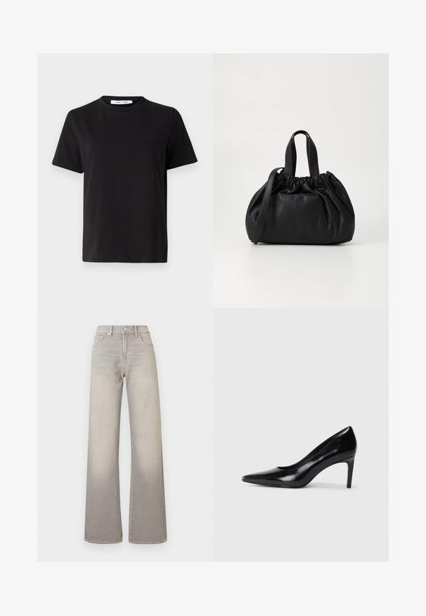 Must have lühikeste varrukatega t-särk, mis on valmistatud pehmest puuvillast, ümmarguse kaelusega, lõdva sobivusega ja sileda tekstuuriga. Ei ole nähtavaid mustreid ega graafikat.; Hallide lai püksid hallis toonis, kahvatu viimistlusega, nööbiga kinnitamine, viie tasku disain ja õmbluste äärtes kaunistus.; Mustmust musta kõrge kontsaga king, millel on terav varvas, sile tekstuur ja kitsenev konts. Minimalistlik disain, ilma täiendavate kaunistusteta.; Mustmust mustkott mustrihmaga ülaosa disainiga, millel on kaks lühikest käepidet ja pikk reguleeritav rihm. Sile tekstuur, ümar kuju.