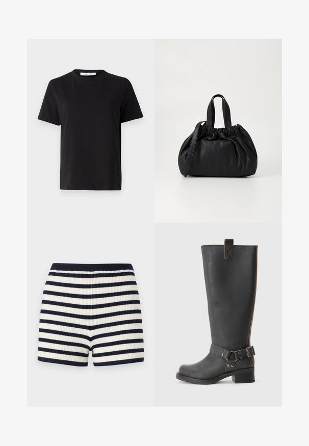T-shirt preto de manga curta feito de algodão suave, com decote redondo, ajuste descontraído e uma textura suave. Sem padrões ou gráficos visíveis.; Calções riscas em azul-marinho e branco, com uma forma ajustada e uma textura suave. A cintura é azul-marinho, complementando o padrão.; Bota preta de couro até ao joelho com um acabamento texturizado, apresentando um detalhe de fivela lateral e um salto baixo. Costura detalhada ao longo das costuras.; Bolsa de couro preta com um design de topo franzido, apresentando duas alças curtas e uma alça longa ajustável. Textura suave, formato arredondado.