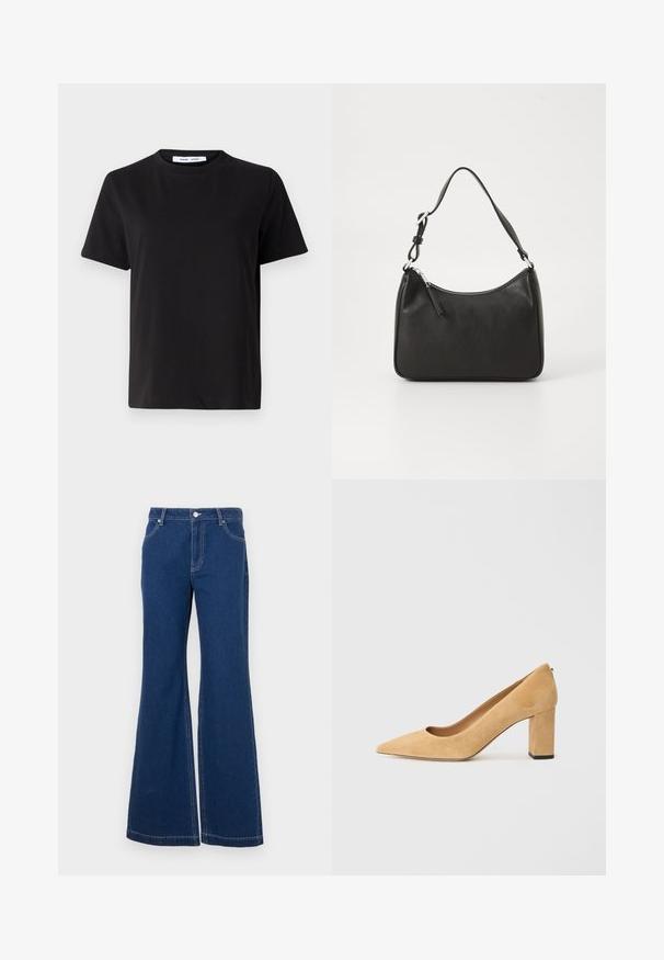 Svart kortermet t-skjorte laget av myk bomull, med rund hals, avslappet passform og en jevn tekstur. Ingen synlige mønstre eller grafikk.; Mørkeblå utstående jeans laget av denim. Funksjoner inkluderer beltehemper, frontlommer og kontrasterende sømmer. Bred benåpning.; Beige semskede høyhælte pumper med spiss tå og chunky blokkhels. Materialet har en myk tekstur med en jevn finish.; Svart lærveske med en buet form, en enkelt stropp, glidelåslukking og subtil merkevarebygging på forsiden. Glatt tekstur, minimalistisk design.