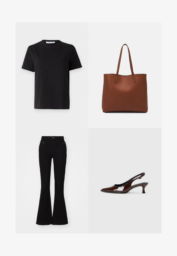 Fekete, rövid ujjú póló, puha pamutból készült, kerek nyakkivágással, laza szabással és sima textúrával. Nincs látható minta vagy grafikák.; Fekete trapéz fazonú farmernadrág magas derékkal, elülső zsebekkel és cipzáras részletekkel. Finom textúrájú denim anyagból készült.; Barna lakkbőr slingback cipő hegyes orral és mérsékelt sarkal. Biztonságos illeszkedést biztosító csattal rendelkezik. Sima textúra.; Barna bőr vászontáska sima textúrával, nyitott tetejű dizájnnal és két vállpánttal. Minimális varrással és látható hardver nélkül készült.