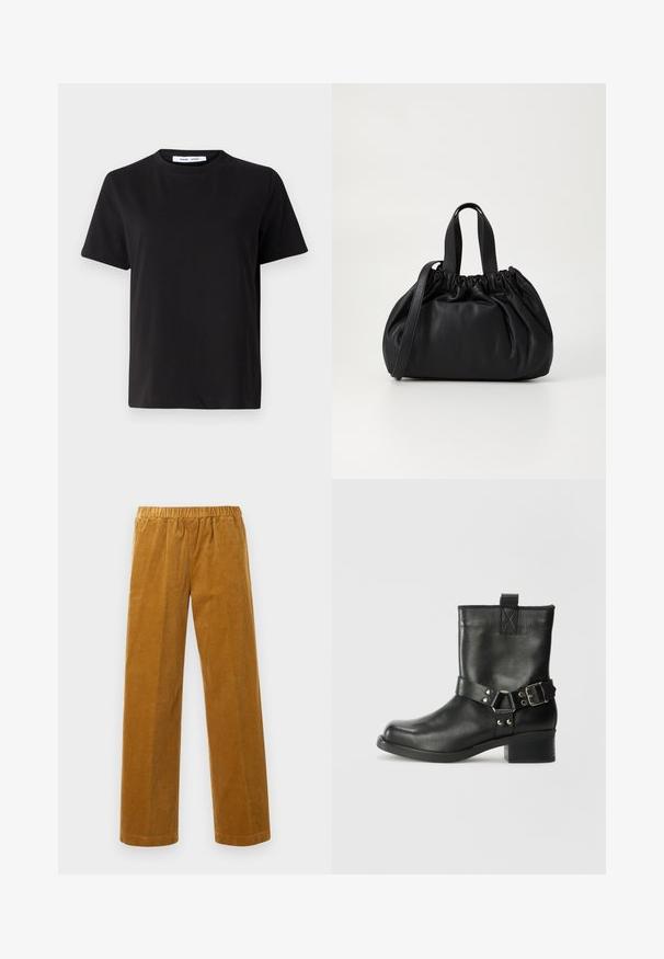 T-shirt nero a maniche corte realizzato in morbido cotone, con scollatura rotonda, vestibilità rilassata e una superficie liscia. Nessun motivo o grafica visibile.; Pantaloni in corda dritti con vita elastica di colore marrone senape, con texture a righe verticali, esposti su uno sfondo bianco uniforme.; Samsøe Samsøe SABRENTA - Stivaletti texani / biker - black; Borsa a tracolla in pelle nera con design a cima arricciata, dotata di due manici corti e di una lunga tracolla regolabile. Texture liscia, forma arrotondata.