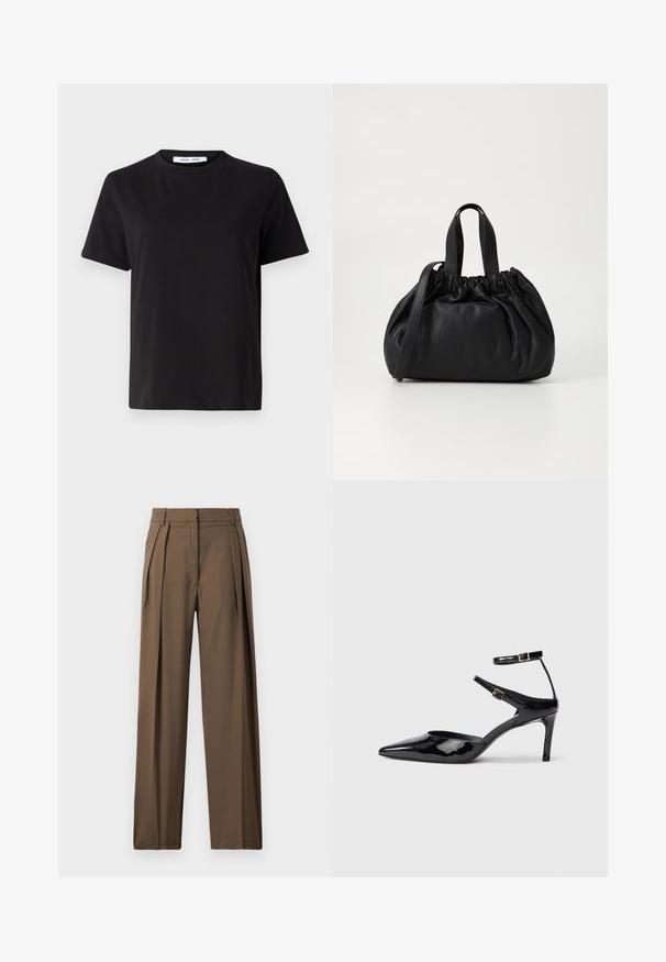 T-shirt noir à manches courtes en coton doux, avec un col rond, une coupe décontractée et une texture lisse. Pas de motifs ni de graphiques visibles.; Pantalons marron à jambe large en tissu lisse, avec des plis avant et une taille cintrée pour un look structuré.; Talons en cuir verni noir avec un bout pointu, des sangles de cheville ajustables et un talon fin. Texture lisse avec une finition brillante.; Sac à main en cuir noir avec un design à haut froncé, doté de deux poignées courtes et d'une bandoulière longue et réglable. Texture lisse, forme arrondie.