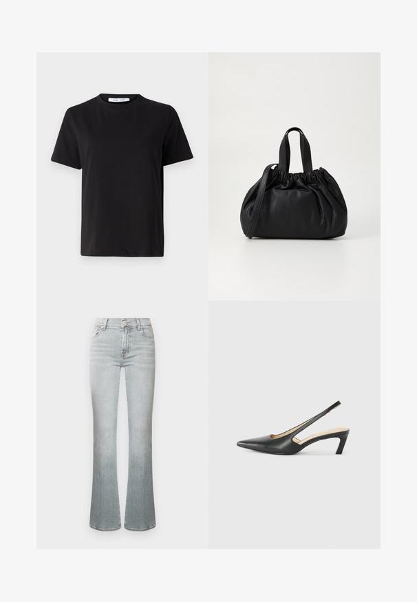 Fekete, rövid ujjú póló, puha pamutból készült, kerek nyakkivágással, laza szabással és sima textúrával. Nincs látható minta vagy grafikák.; Világoskék, trapéz fazonú, magas derekú farmernadrág, farmer anyagból. Gombos záródással, öt zsebbel és enyhe fakulással a textúra érdekében.; Fekete, hegyes orrú, slingback cipő alacsony sarkával, sima bőrből készült, oldalt kivágott deisgnal a légáteresztőképesség érdekében.; Fekete bőr kézitáska, összegyűrt felső dizájnnal, két rövid fülekkel és egy hosszú, állítható pánttal. Simább textúra, lekerekített forma.