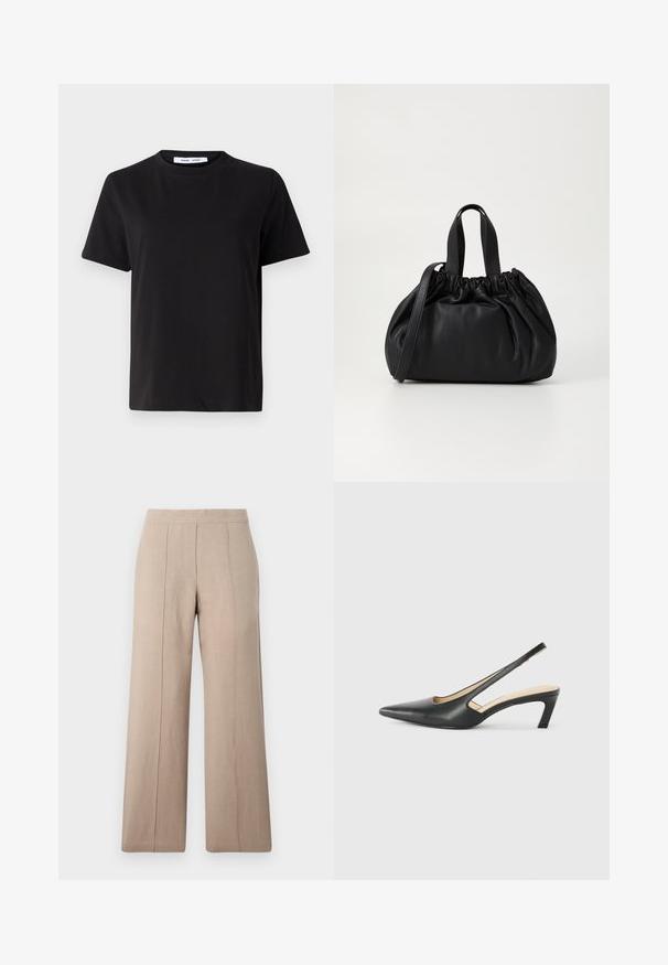 Svart kortermet t-skjorte laget av myk bomull, med rund hals, avslappet passform og en jevn tekstur. Ingen synlige mønstre eller grafikk.; Lys beige vide bukser laget av lett stoff, med frontfold, en jevn midje og rett snitt med rene sømmer.; Svart spiss tå slingback-sko med lav hæl, laget av jevnt skinnmateriale og med utskåret design på siden for pusteevne.; Svart lærveske med en samlet toppdesign, som har to korte håndtak og en lang justerbar stropp. Glatt tekstur, rund form.
