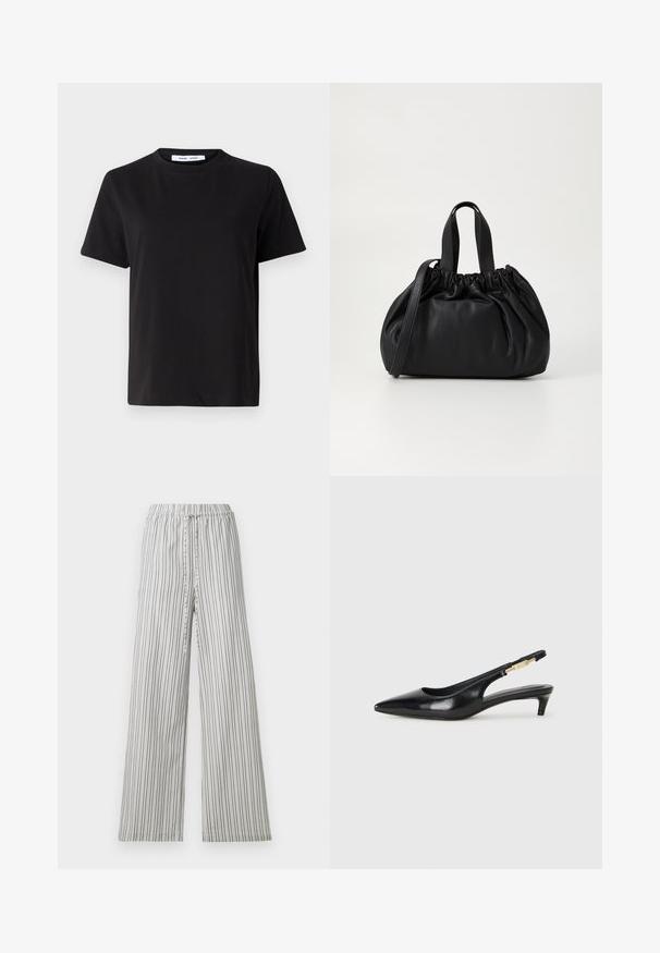 Black short-sleeve t-shirt made of soft cotton, featuring a round neckline, relaxed fit, and a smooth texture. No visible patterns or graphics.; Lightweight, wide-leg pants with an elastic waistband. Vertical gray and white stripes, soft fabric, and relaxed fit. No pockets or hardware.; Black leather slingback heels with a pointed toe, featuring a slim heel and a gold-tone accent on the adjustable strap. Smooth texture.; Black leather handbag with a gathered top design, featuring two short handles and a long adjustable strap. Smooth texture, rounded shape.