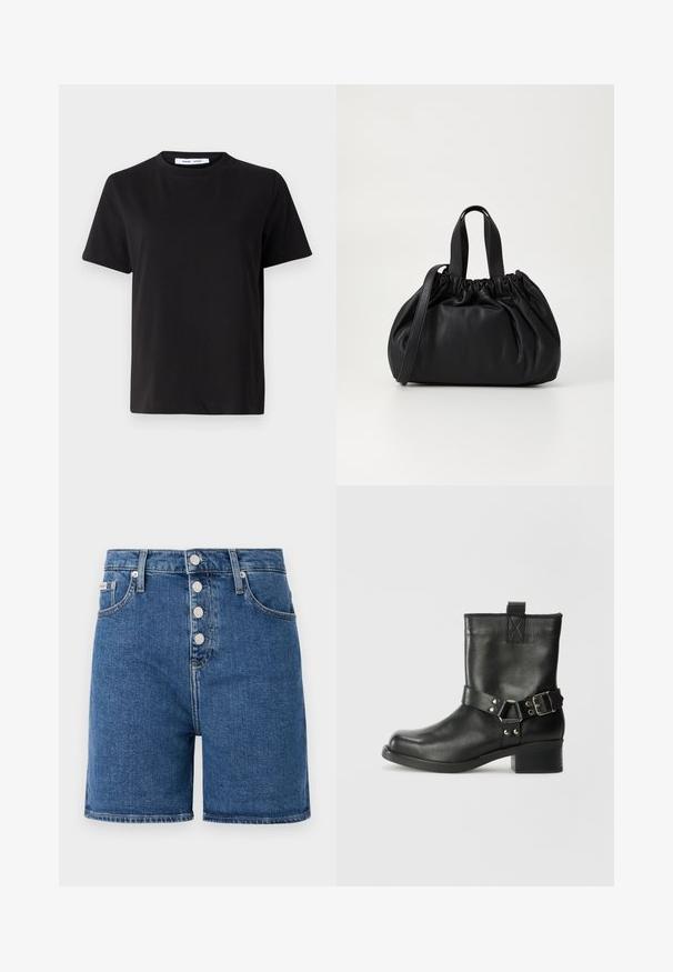 Μαύρη κοντομάνικη μπλούζα φτιαγμένη από μαλακό βαμβάκι, με στρογγυλή λαιμόκοψη, άνετη εφαρμογή και απαλό υλικό. Χωρίς ορατά σχέδια ή γραφικά.; Τζιν σορτσάκι σε μέτριο μπλε με ψηλή μέση, χαρακτηριστικό κουμπωτό κλείσιμο και πέντε τσέπες. Λείος υφή με ελάχιστες ραφές.; Samsøe Samsøe SABRENTA - Μποτάκι καουμπόι/μηχανόβιου - black; Μαύρη δερμάτινη τσάντα χειρός με σχεδίαση μαζεμένου κορυφής, διαθέτει δύο κοντές λαβές και μία μακριά ρυθμιζόμενη αλυσίδα. Λείος υφή, στρογγυλή μορφή.