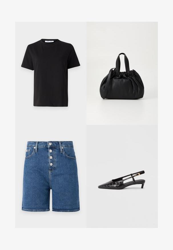 Melna īsām piedurknēm T-kreklu, kas izgatavots no mīksta kokvilnas, ar apļveida kakla izgriezumu, brīvu piegriezumu un gludu tekstūru. Nav redzamu rakstu vai grafikas.; Vidēji zili džinsi ar augstu jostu, kuriem ir pogu aizdare un piecas kabatas. Gluda tekstūra ar minimāliem šuvju detaļām.; Melnas ādas kurpes ar izteiksmīgu pirkstu un siksniņu, ar krokodila tekstūru, mazs uzbāzīgs papēdis un regulējama josta ar metāla sprādzi.; Melnas ādas rokassomu ar savākta augšdaļa dizainu, kas aprīkota ar divām īsām rokturiem un garu regulējamu siksnu. Gluda tekstūra, noapaļota forma.