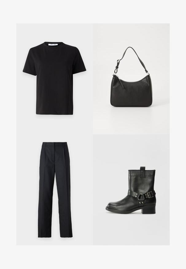 Must have lühikeste varrukatega t-särk, mis on valmistatud pehmest puuvillast, ümmarguse kaelusega, lõdva sobivusega ja sileda tekstuuriga. Ei ole nähtavaid mustreid ega graafikat.; Kohandatud mustad püksid, millel on triibud, sirge jala disain, pressitud voldid ja traditsiooniline vöökoht. Sile kangatextuur.; Samsøe Samsøe SABRENTA - Kauboi/mootorratturi poolsaapad - black; Must musta käekott, millel on kumer kuju, üks rihm, lukuga sulgemine ja peen brändimine esiküljel. Sile tekstuur, minimalistlik disain.