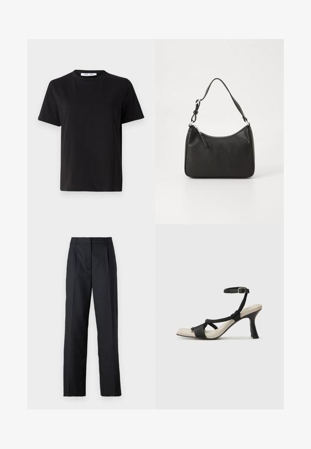 Melna īsām piedurknēm T-kreklu, kas izgatavots no mīksta kokvilnas, ar apļveida kakla izgriezumu, brīvu piegriezumu un gludu tekstūru. Nav redzamu rakstu vai grafikas.; Pielāgoti melni bikses ar svītrām, ar taisnu kāju dizainu, presētām krokām un tradicionālo jostu. Gluda auduma tekstūra.; Melnas augstpapēžu sānijas ar pinuma siksnu dizainu, kvadrātveida purngali un regulējamu potītes siksnu. Gaismas beidzamais kāju paklājiņš ar spīdīgu melnu papēdi.; Melnas ādas rokassomu ar izliekta formu, vienu siksnu, ar rāvējslēdzēju aizdari un diskrētu zīmolu uz priekšpuses. Gluda tekstūra, minimālisma dizains.