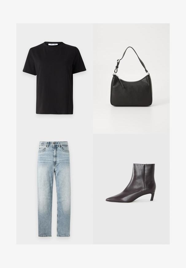 Juodas trumpas rankovės marškinėliai, pagaminti iš minkštos medvilnės, su apvaliu iškirpimu, laisvu pritaikymu ir lygiu paviršiumi. Nėra matomų raštų ar grafikos.; Šviesiai mėlyni džinsai su tiesiu kirpimu, su mygtukų ir užtrauktuko uždarymu, penkių kišenių dizainu ir subtiliu pabuvimu.; Juodas odinis kulkšninis batai su smailu nosimi ir žemu katės kulnu, lygus paviršius, šoninė užtrauktuko sistema, rodomas neutralioje fone.; Juoda odinė rankinė su išlenkta forma, viena dirželiu, užtrauktuko uždarymu ir subtiliu ženklinimu priekyje. Lygus paviršius, minimalistinis dizainas.