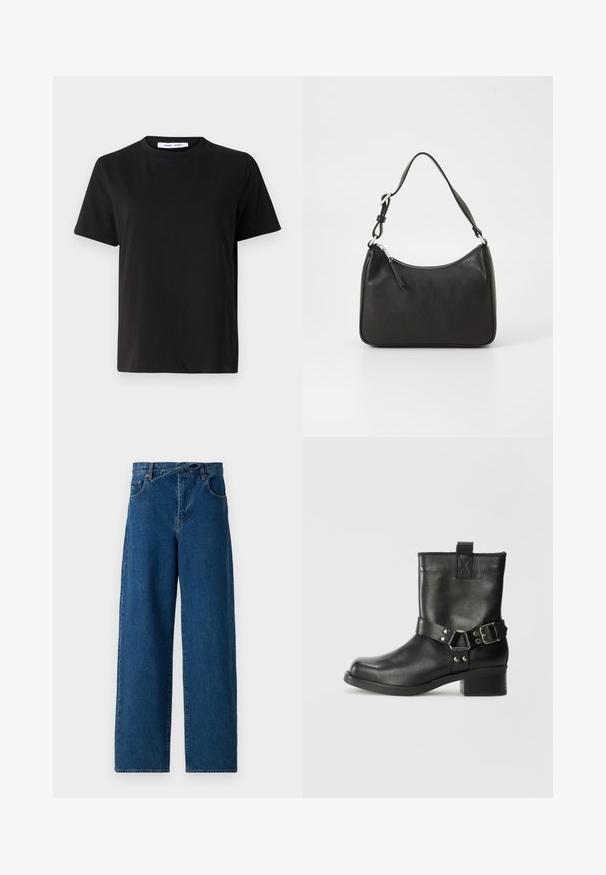 Czarny t-shirt z krótkim rękawem wykonany z miękkiej bawełny, z okrągłym dekoltem, luźnym krojem i gładką fakturą. Bez widocznych wzorów ani grafik.; Szerokie dżinsowe spodnie w ciemnoniebieskim kolorze. Wysoki stan z pętelkami na pasek i kieszeniami z przodu. Gładka tekstura i klasyczny pięciokieszeniowy styl.; Samsøe Samsøe SABRENTA czarny; Czarna skórzana torebka o zaokrąglonym kształcie, z pojedynczym uchwytem, zamknięciem na zamek błyskawiczny oraz subtelnym logo z przodu. Gładka faktura, minimalistyczny design.