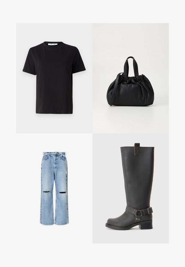 Must have lühikeste varrukatega t-särk, mis on valmistatud pehmest puuvillast, ümmarguse kaelusega, lõdva sobivusega ja sileda tekstuuriga. Ei ole nähtavaid mustreid ega graafikat.; Heledad sinine teksapaar, lai jalg, rebenditega ääred ja kaks kahjustatud põlvenet, standardse viie taskuga disainiga.; Mustast nahkast kuni põlvede kõrgune saabas tekstureeritud viimistlusega, külgedel on pandlaaktsent ja madal konts. Õmbluste juures on detailne tikand.; Mustmust mustkott mustrihmaga ülaosa disainiga, millel on kaks lühikest käepidet ja pikk reguleeritav rihm. Sile tekstuur, ümar kuju.