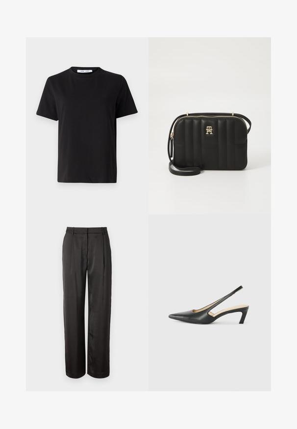 Sort t-shirt med korte ærmer fremstillet af blødt bomuld, med rund halsudskæring, afslappet pasform og en glat overflade. Ingen synlige mønstre eller grafik.; Sort, høj talje bukser lavet af glat stof. Har en lige pasform, to frontplisseringer og bæltestropper.; Sorte spidse slingback-sko med en lav hæl, lavet af glat læder og med udskæringer på siden for åndbarhed.; Sort quiltet crossbody taske lavet af syntetisk materiale med hardware i guldtoner, med lynlås lukning og logo detalje på forsiden.
