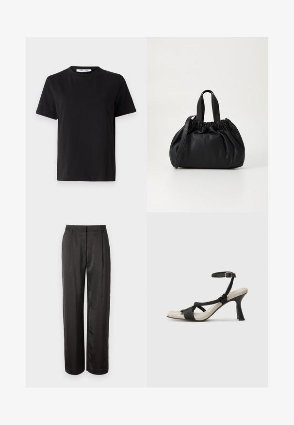 T-shirt nero a maniche corte realizzato in morbido cotone, con scollatura rotonda, vestibilità rilassata e una superficie liscia. Nessun motivo o grafica visibile.; Pantaloni neri a vita alta realizzati in tessuto liscio. Presentano un taglio dritto, due pieghe frontali e passanti per la cintura.; Sandal con tacco nero e design con cinturino intrecciato, punta quadrata e cinturino alla caviglia regolabile. Soletta beige chiaro con tacco nero lucido.; Borsa a tracolla in pelle nera con design a cima arricciata, dotata di due manici corti e di una lunga tracolla regolabile. Texture liscia, forma arrotondata.