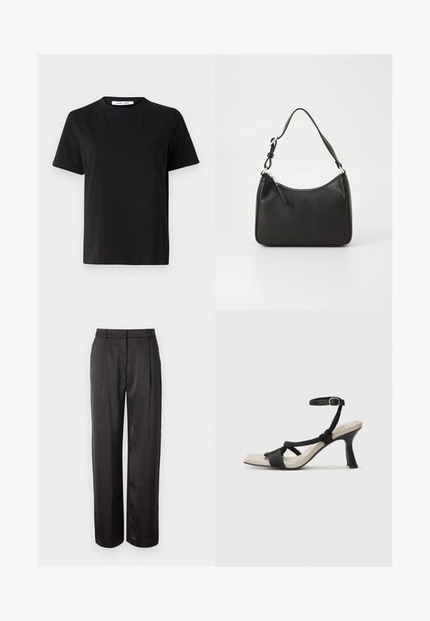 Black short-sleeve t-shirt made of soft cotton, featuring a round neckline, relaxed fit, and a smooth texture. No visible patterns or graphics.; Black, high-waisted trousers made of smooth fabric. Features a straight cut, two front pleats, and belt loops.; Black heeled sandal with braided strap design, square toe, and adjustable ankle strap. Light beige footbed with a glossy black heel.; Black leather handbag with a curved shape, a single strap, zip closure, and subtle branding on the front. Smooth texture, minimalist design.
