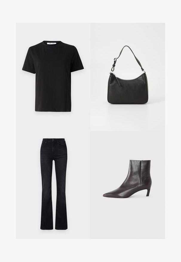 Zwart T-shirt met korte mouwen, gemaakt van zachte katoen, met een ronde hals, een ontspannen pasvorm en een gladde textuur. Geen zichtbare patronen of opdrukken.; DRYKORN FAR - Bootcut jeans - grey; Zwarte leren enkellaars met spitse neus en lage kitten heel, gladde afwerking, zijrits, getoond op een neutrale achtergrond.; Zwarte leren handtas met een gebogen vorm, een enkele schouderband, ritsluiting en subtiele branding aan de voorkant. Glad textuur, minimalistisch ontwerp.