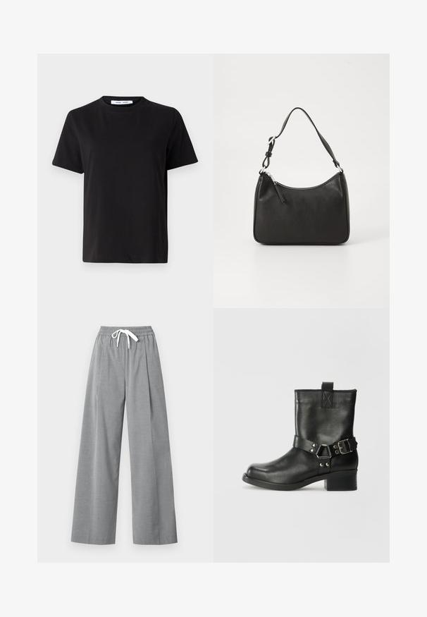 Must have lühikeste varrukatega t-särk, mis on valmistatud pehmest puuvillast, ümmarguse kaelusega, lõdva sobivusega ja sileda tekstuuriga. Ei ole nähtavaid mustreid ega graafikat.; Hallid graažid laiad püksid, mis on valmistatud kergest kangast, plekitud esiosa ja elastse vöökohtaga, millel on valge pael.; Samsøe Samsøe SABRENTA - Kauboi/mootorratturi poolsaapad - black; Must musta käekott, millel on kumer kuju, üks rihm, lukuga sulgemine ja peen brändimine esiküljel. Sile tekstuur, minimalistlik disain.