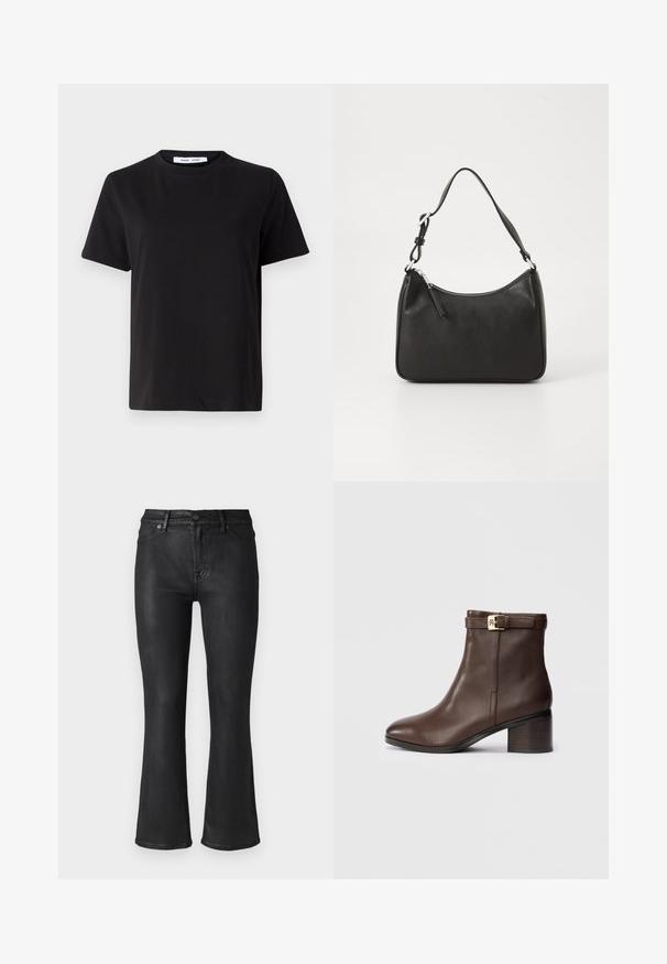 Musta lyhythihainen t-paita, joka on valmistettu pehmeästä puuvillasta. Paitassa on pyöreä kaula-aukko, rento malli ja sileä pinta. Ei näkyviä kuvioita tai graafisia elementtejä.; Mustat leveälahkeiset farkut, jotka ovat valmistettu denimistä; ominaisuuksiin kuuluvat standardi viisi taskua, vyölenkit ja etunappisulku. Sileä rakenne, keskikorkea istuvuus.; Ruske kožne gležnjače s ovalnim vrhom, niskom blok petom i dekorativnim remenom s kopčom oko gležnja. Glatka tekstura i elegantan dizajn.; Mustat nahkakäsilaukku, jossa on kaareva muoto, yksi hihna, vetoketjukiinnitys ja hienovarainen brändäys etuosassa. Sujuva pinta, minimalistinen muotoilu.