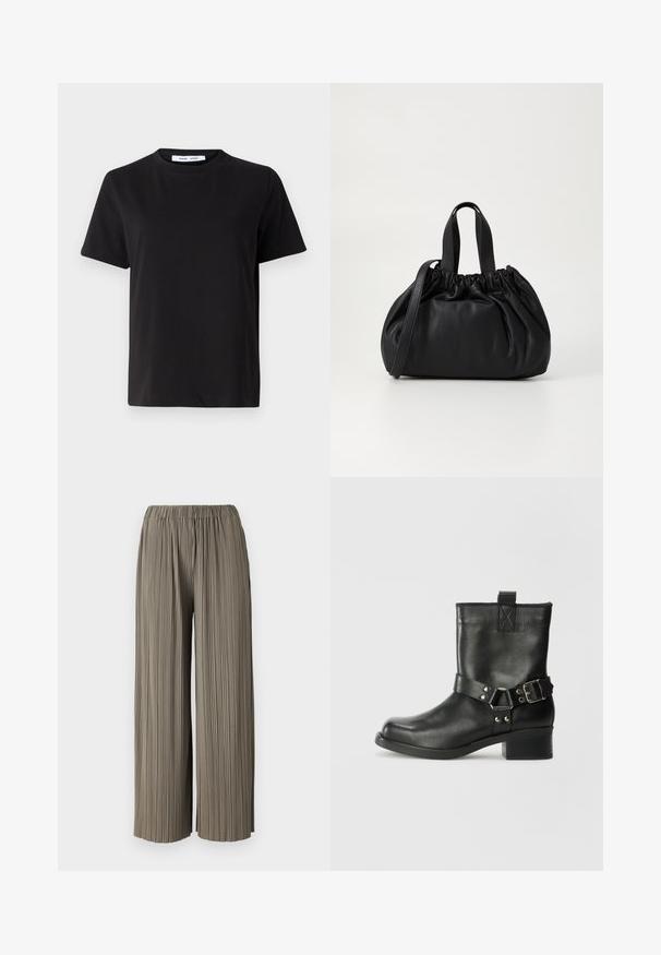 T-shirt preto de manga curta feito de algodão suave, com decote redondo, ajuste descontraído e uma textura suave. Sem padrões ou gráficos visíveis.; Calças largas plissadas em verde olivino suave com uma cintura elástica. O tecido tem uma textura suave e linhas verticais notáveis.; Samsøe Samsøe SABRENTA - Bota de tornozelo estilo cowboy/motociclista - black; Bolsa de couro preta com um design de topo franzido, apresentando duas alças curtas e uma alça longa ajustável. Textura suave, formato arredondado.