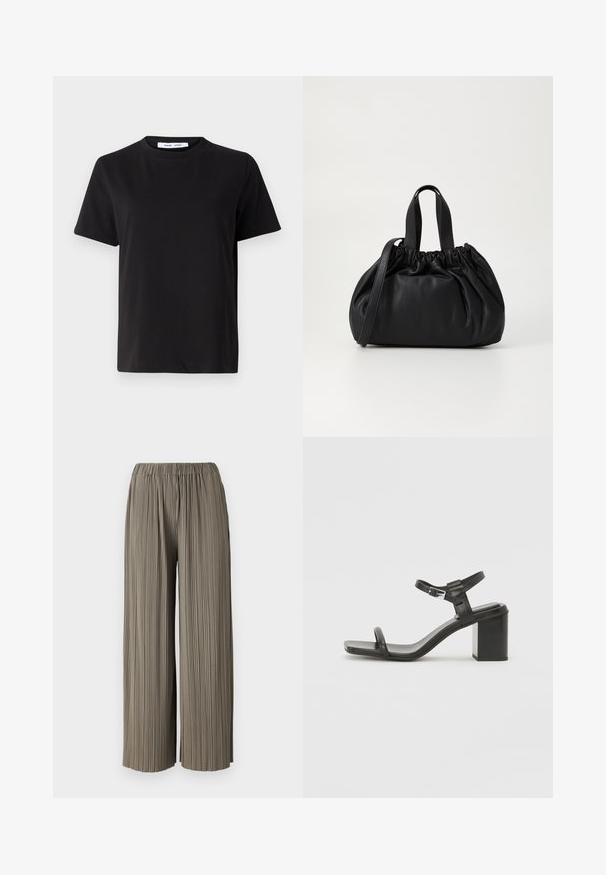 Juodas trumpas rankovės marškinėliai, pagaminti iš minkštos medvilnės, su apvaliu iškirpimu, laisvu pritaikymu ir lygiu paviršiumi. Nėra matomų raštų ar grafikos.; Minkšto alyvuogių spalvos plisuoti platūs kelnių džinsai su elastinga juosta. Audinys turi lygų paviršių ir akivaizdžias vertikalias linijas.; Juodas odinis blokinis kulnas sandalas su plačia juostele per pirštus ir reguliuojama kulkšnies juostele, pasižymintis elegantišku, minimalistiniu dizainu.; Juoda odinė rankinė su susiraukšlėjusiu viršumi, su dviem trumpomis rankenėlėmis ir ilga reguliuojama juosta. Lygus paviršius, apvalios formos.