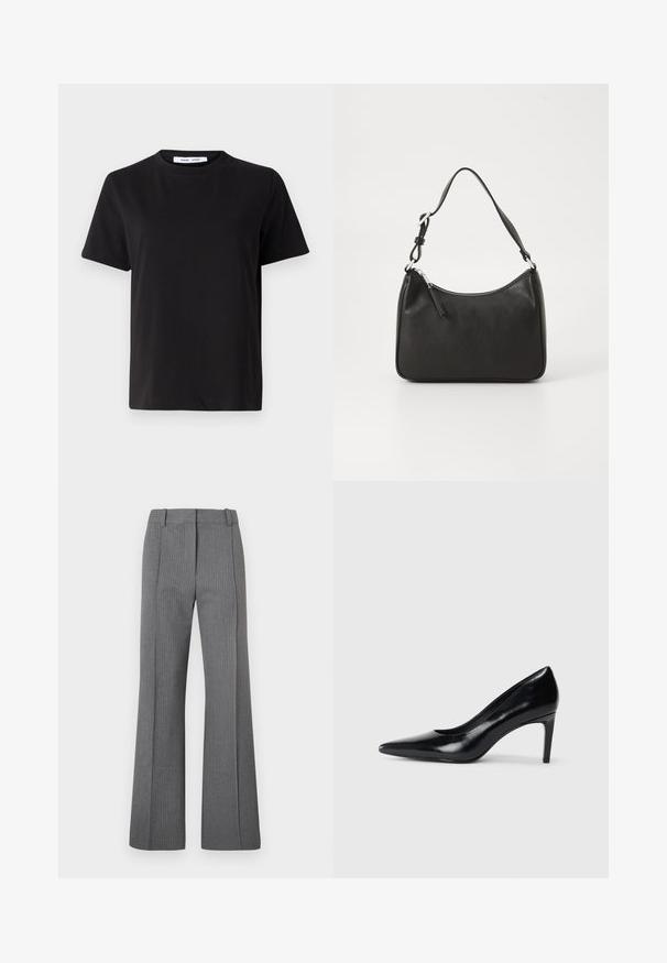 Černé tričko s krátkým rukávem vyrobené z měkké bavlny, s kulatým výstřihem, volným střihem a hladkým povrchem. Žádné viditelné vzory ani grafika.; Šedé pruhované rozšířené kalhoty s plochým předním dílem, poutky na opasek a hladkou strukturou. Celoplošný design s jemnými detaily vzoru.; Černé kožené boty na vysokém podpatku s špičatou špičkou, hladkým povrchem a zúženým podpatkem. Minimalistický design, bez dalších ozdob.; Černá kožená kabelka s zakřiveným tvarem, s jedním popruhem, zipovým uzávěrem a decentním logem na přední straně. Hladká textura, minimalistický design.